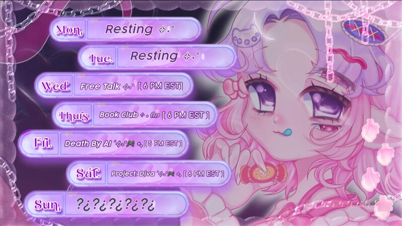 I stream mainly on YouTube and Tiktok. My schedule is updated weekly. Check twitter for more accurate times